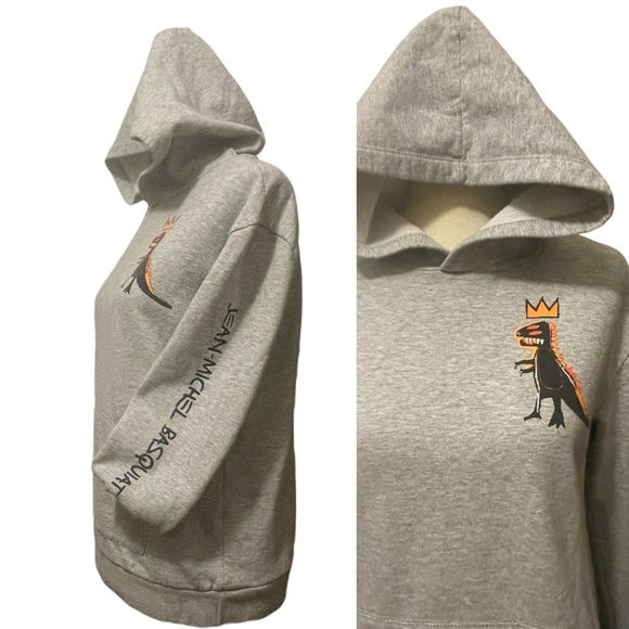 Jean-Michel Basquiat Crowned Pez Dinosaur Grey Pullover Hoodie Size 12-14 (L) - Picture 11 of 15